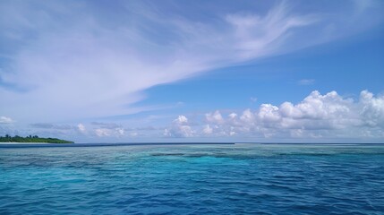 The captivating combination of a blue sky with fluffy white clouds, the vast expanse of the sea, and the vibrant green plants, enjoy the tranquility of nature.Generative AI