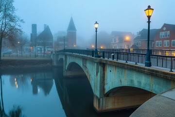 Misty morning bridge view across a calm river in town