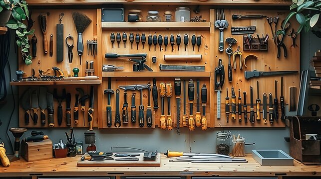 A well-organized woodworking workspace with labeled tools.
