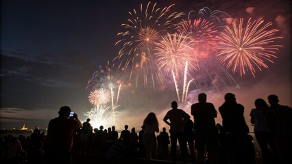 Obraz premium Spectators enjoying a vibrant fireworks display. New year concept. 2025