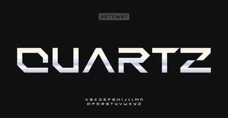 Strong geometric font, polished metallic letters with sharp beveled edges and cutouts. Futuristic industrial alphabet for logo, headline and branding. Vector typeset.