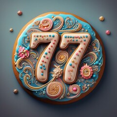 Fototapeta premium Decorated cookie, number 77, image for birthday or anniversary celebration