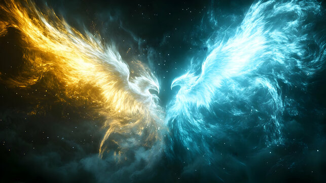 Abstract Illustration: Blue and Gold Phoenix in Night Sky
