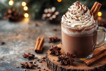 A luxurious hot cocoa setup with whipped cream, chocolate shavings, and a cinnamon stick, served in a glass mug, with ample blank space for commercial text overlay
