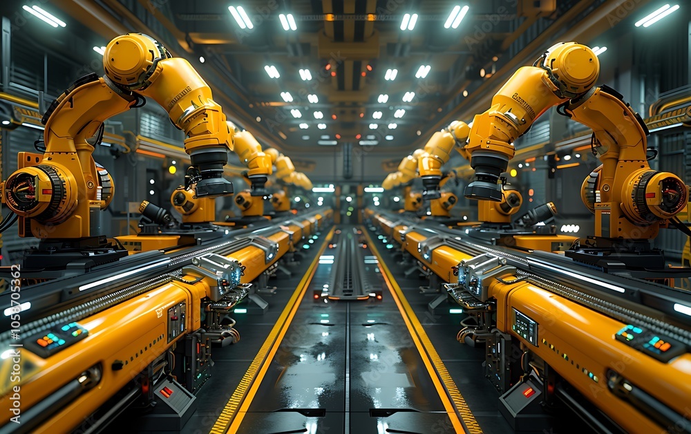 Aufkleber A high-tech factory setting featuring numerous yellow robotic arms arranged along an automated production line under bright lighting.