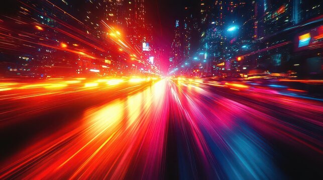 dynamic time lapse capturing the frenetic energy of city traffic, with streaks of light from cars creating a vivid representation of urban life and movement after dark