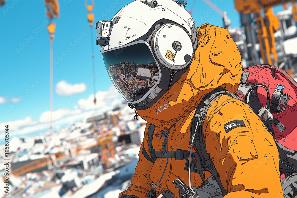 Poster futuristic female engineer in orange spacesuit stands confidently on construction site, with cranes 