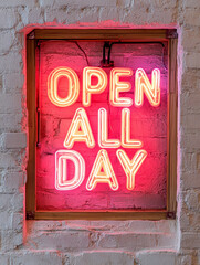 A bright neon "Open All Day" sign framed on a textured white brick wall, creating an inviting and modern ambiance for businesses open round the clock, with vibrant pink and orange hues.