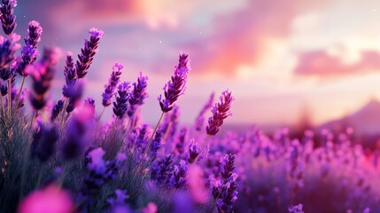 Soft light from light box illuminating lavender field with swaying purple blossoms, calming and aromatic view.