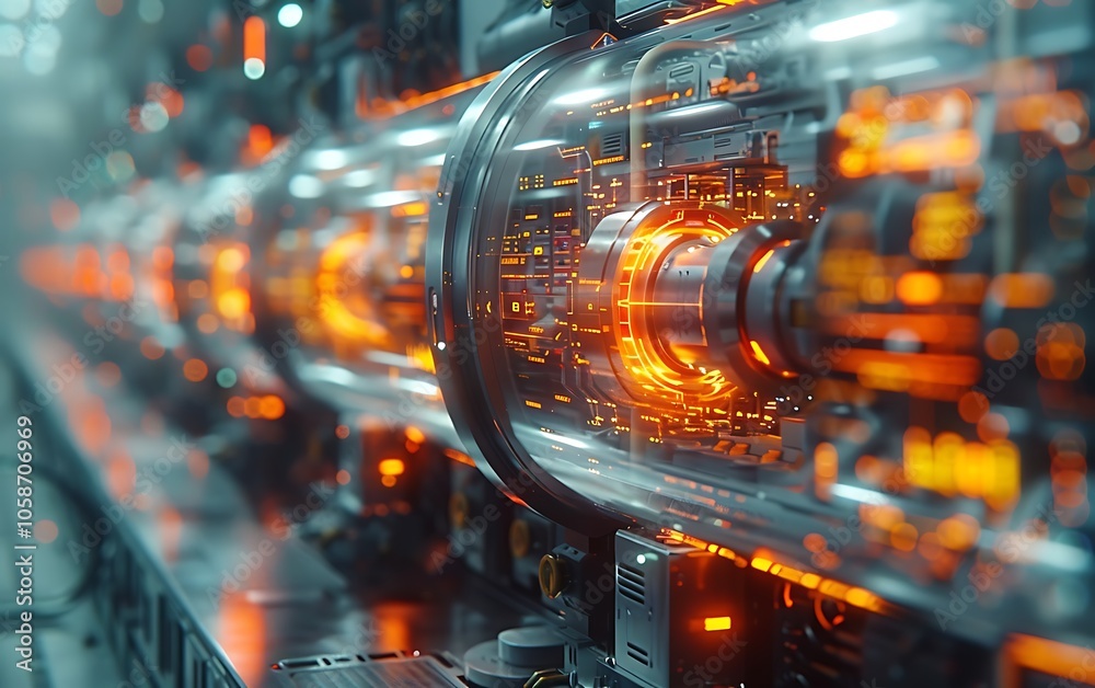 Poster A close-up view of a futuristic machinery with glowing components and intricate wiring, showcasing advanced technology and vibrant illumination.