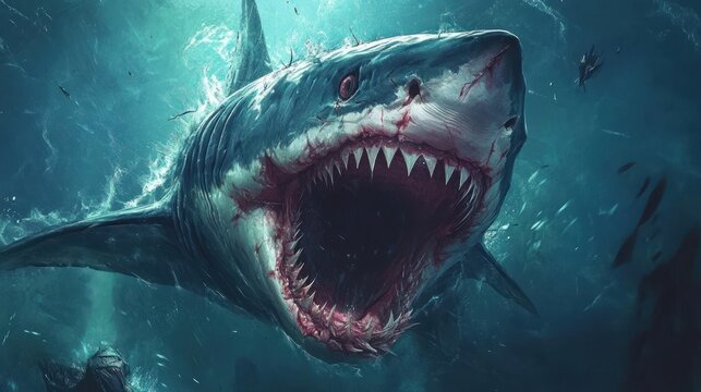 A ferocious great white shark with bloody jaws and sharp teeth, swimming through the dark blue water with a menacing expression.