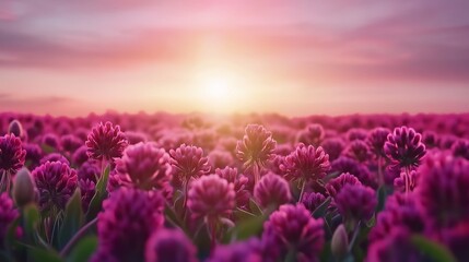 Fototapeta premium Softly lit red clover meadow in a light box, evoking a serene countryside atmosphere, [clover field], [calming, natural