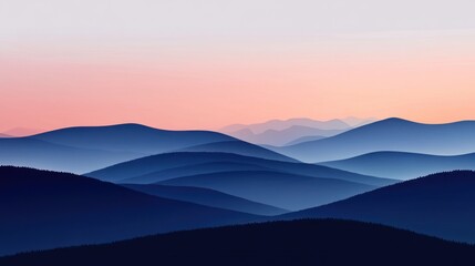 A panoramic view of a mountain range at sunset with a soft, pink sky. The mountains are layered in the distance, with the closest ones appearing dark and the furthest ones fading into the horizon.