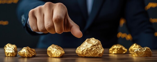 A businessman points at various gold nuggets on a table, symbolizing investment opportunities and wealth accumulation in a financial context.