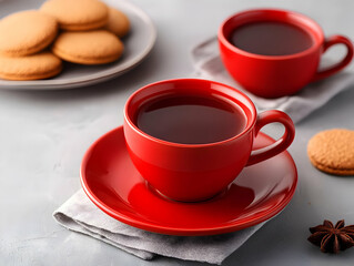 Red Tea Cups, Tea Biscuits Photo
