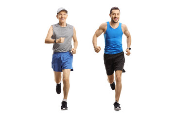 Fototapeta premium Elderly and young man jogging together