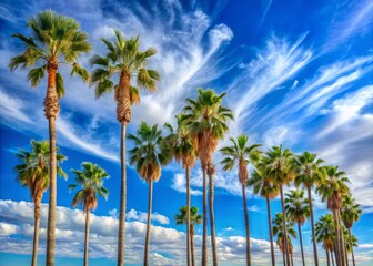 Fototapeta premium Palm Trees and Blue Sky in Arizona: Tropical Paradise, Desert Landscape, Serenity, Nature's Beauty, Travel Destination, Scenic Views, Summer Vibes 