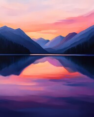 Serene dawn at a vast lake, reflecting mesmerizing colors in perfect harmony with nature.