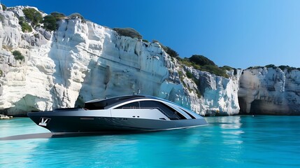 A sleek modern yacht anchored in a turquoise bay, with white cliffs and a clear blue sky in the background.