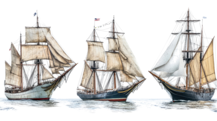 Detailed Illustration of Three Historic Sailing Ships on a Calm Sea Generative AI