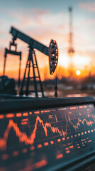 Oil Pumpjack Silhouette and Crude Oil Price Charts at Sunset - Realistic Image