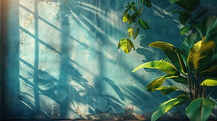 A serene indoor scene with vibrant leaves and soft shadows against a textured blue wall.