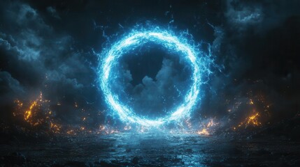 electric blue lightning round frame glowing with plasma portal effects, set against a stark black background, creating a dramatic and otherworldly visual experience