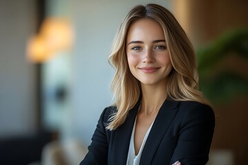 Naklejka premium Confident Businesswoman with Blonde Hair in Black Blazer