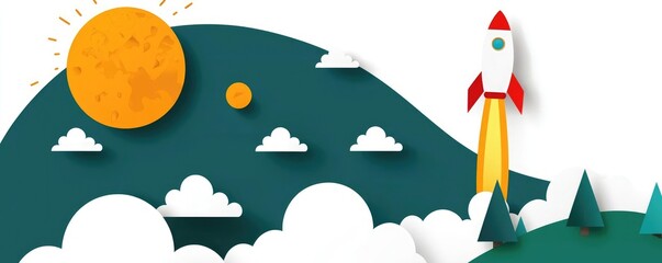 A colorful illustration featuring a rocket launching into a sunny sky above green mountains and fluffy clouds, ideal for educational and creative projects.