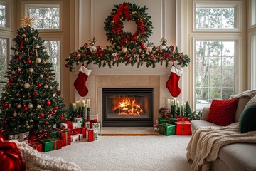 Festive living room featuring a Christmas tree and fireplace against a white wall, adorned with decorations in green, red, and yellow, complemented by a grey sofa and a cozy blanket.