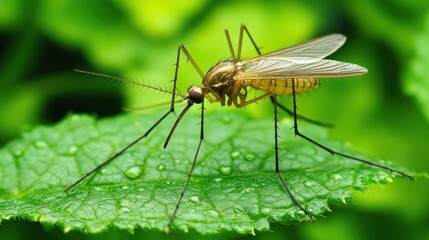Fototapeta premium A close-up of a mosquito perched on a green leaf with water droplets.