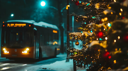 Bus passing by a decorated tree on a street with holiday cheer