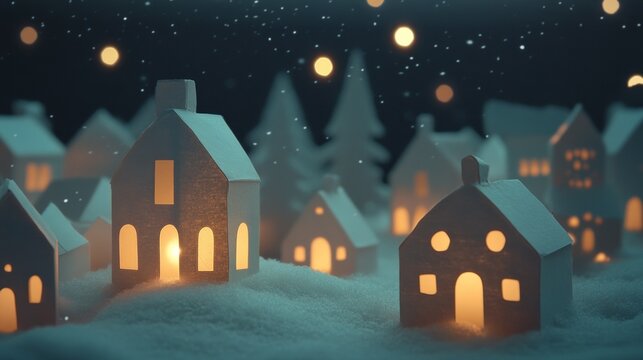 Fototapeta A group of paper houses are lit up with candles