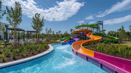 Fototapeta premium A colorful waterslide complex with multiple slides winding down to a large pool with blue water.
