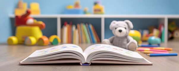 Children's Storybook Open with Toys and Crayons in the Background-