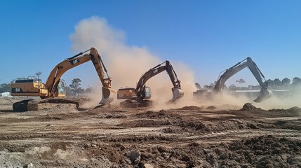 Three excavators dig in a dirt field, kicking up dust in the air.