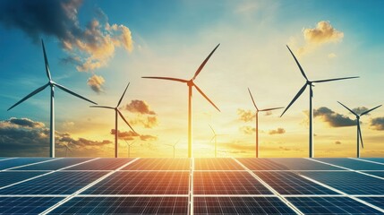 A scenic view of wind turbines and solar panels at sunset, highlighting renewable energy sources.