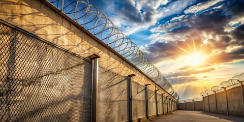 Fototapeta premium Security Measures at Daylight Prison: Barbed Wire and Walls for Safety, Prison Infrastructure, Fortified Facilities, Correctional Security, Daylight Prison Environment