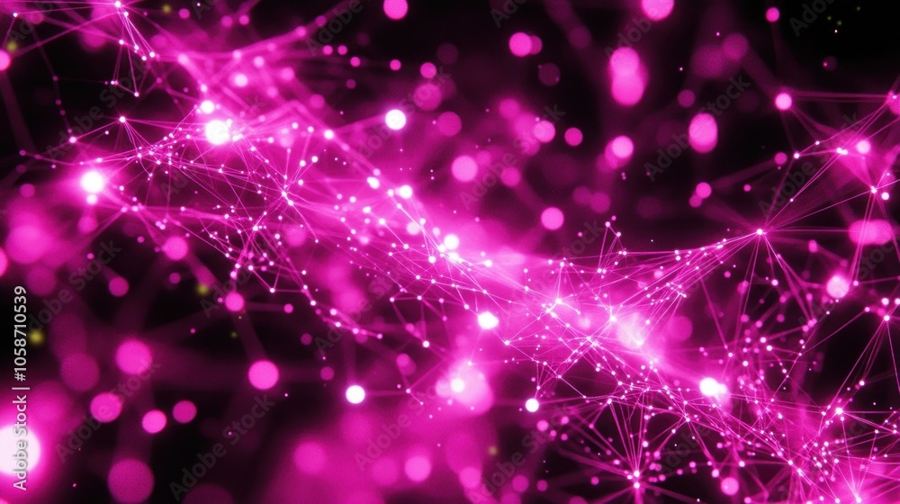 Wall mural abstract pink glowing particles and lines in a dark background.