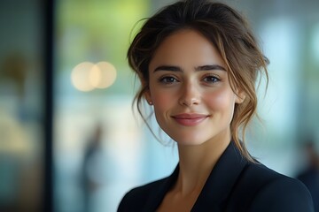 Naklejka premium Confident Businesswoman with Brown Hair and Subtle Smile in Office Setting