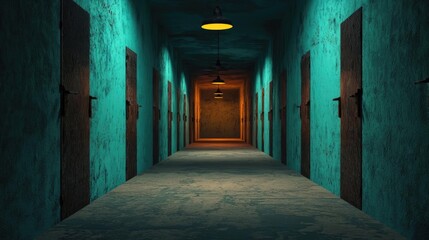 Obraz premium A long, eerie hallway with colorful walls and closed doors, illuminated by soft overhead lights, creating a mysterious atmosphere.