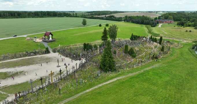 aerial view of the Hill of crosses in Siauliai, Lithuania. The Hill of Crosses is a unique sacral site covered in 200,000 crosses of various shapes and sizes. It is a place of pilgrimage and prayer,