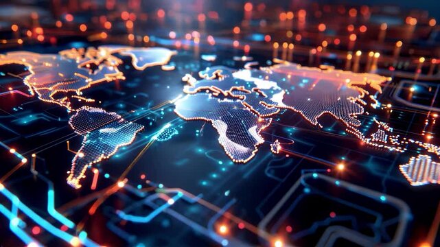 Tech world map on glowing electronic circuit, computing global network, telecommunication connectivity