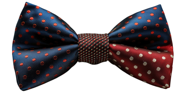 A blue and red polka dot bow tie