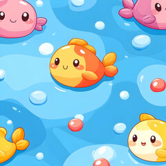 Cute Kawaii Fish Illustration -  Underwater Bubbles Background