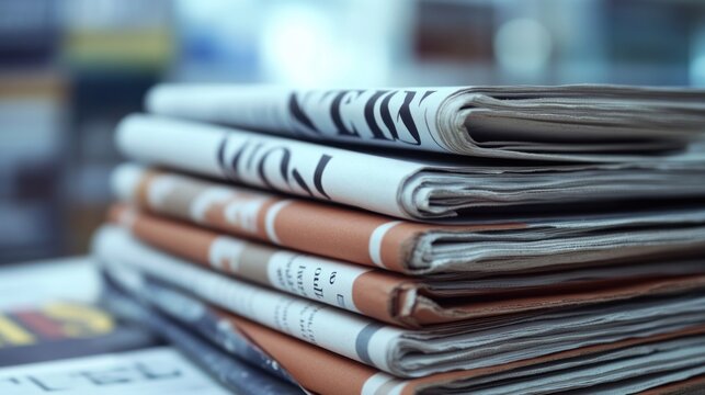 A stack of folded newspapers on a table, with blurred background.