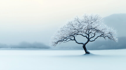 Fototapeta premium Solitary tree in a snowy landscape with bare branches and a serene winter backdrop