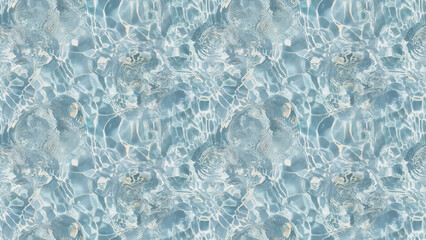 Obraz premium A close-up, top-down view of a clear, tropical blue water surface with caustic patterns, filling the frame