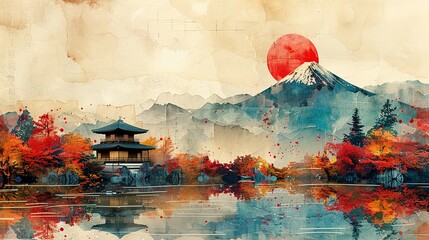A serene landscape featuring a traditional building, Mount Fuji, and a vibrant sunset.