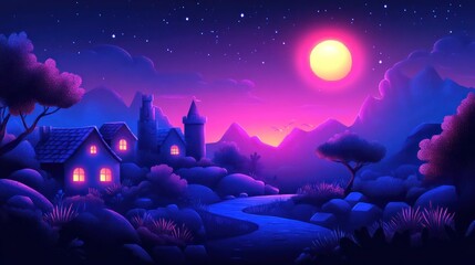 Obraz premium A Nighttime Landscape with a Castle, a Moon, and a Winding Path
